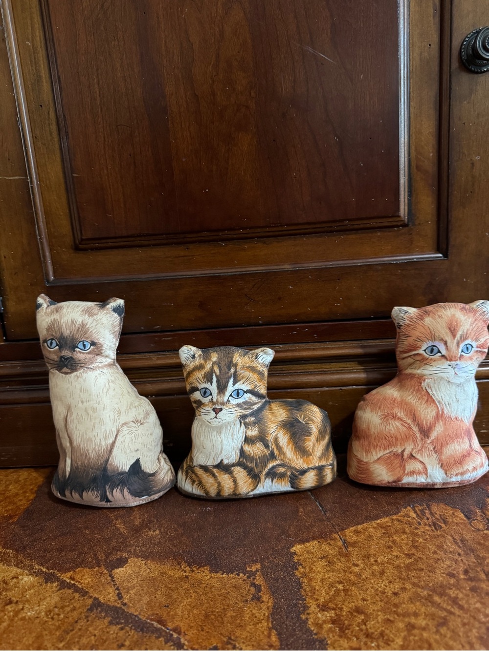3 vintage handmade decorative stuffed fabric cats